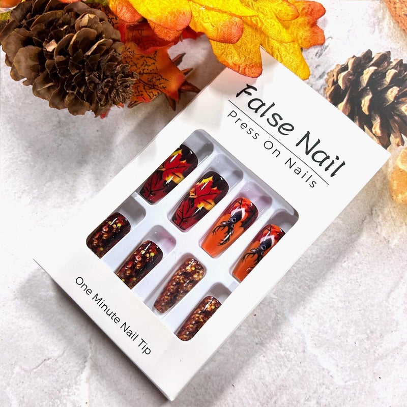 CJDLTS Maple Leaf Thanksgiving Press on Nails Medium Ballet Shaped Artificial Acrylic Nails Cartoon Elk Glitter Sequin Design Stick on Nails Full Cover Glue on Nail Festival Artificial Fingernails for Women - Image 5